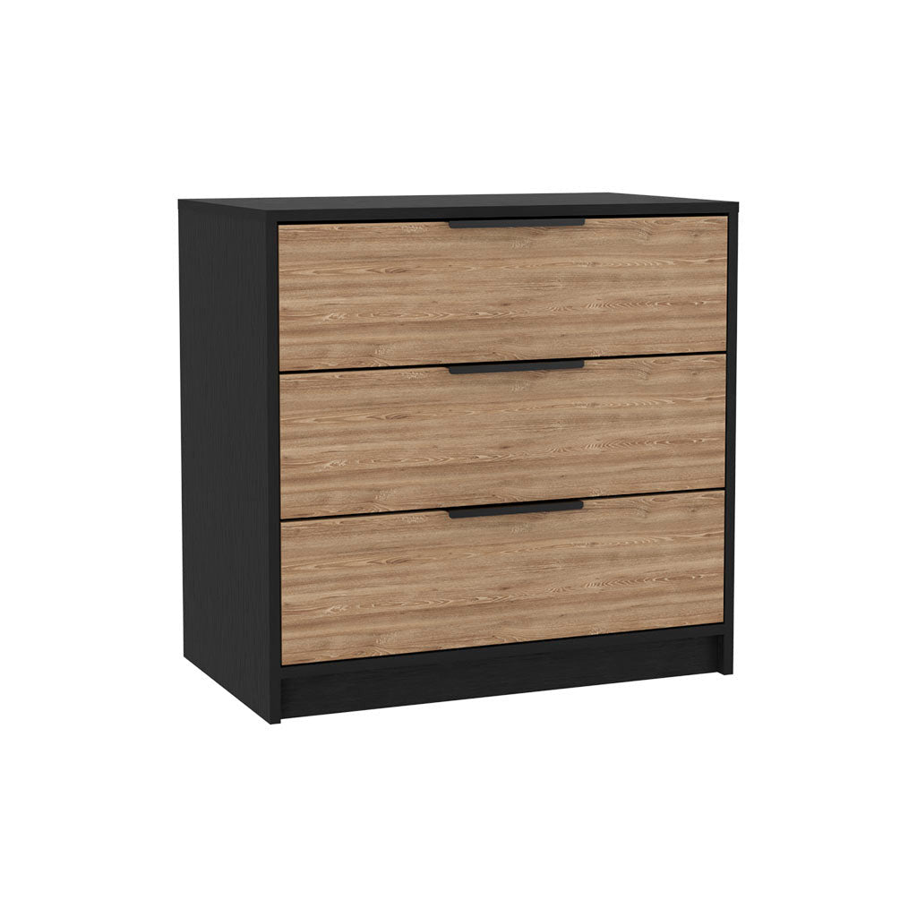 28" Natural And Black Wood Three Drawer Dresser