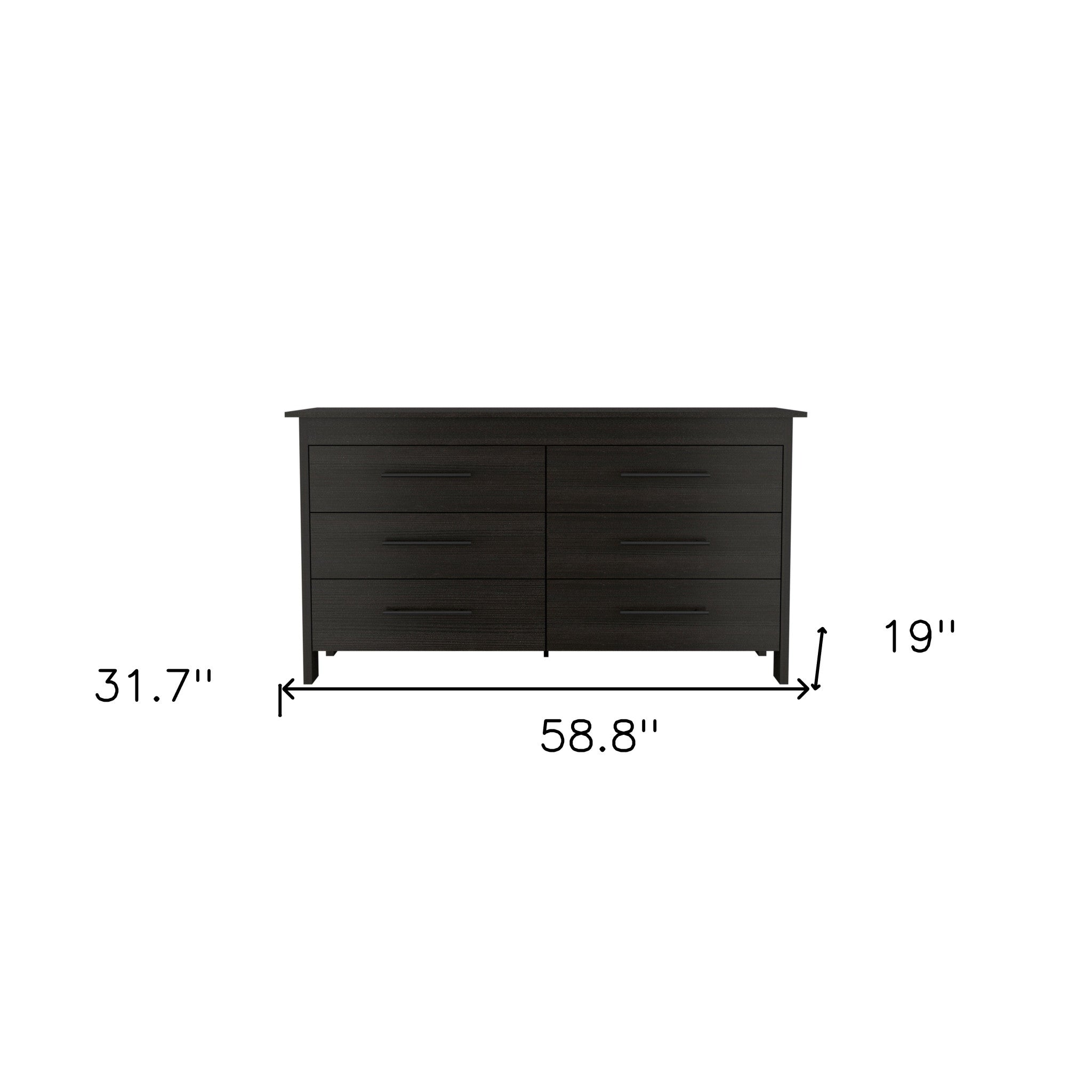 59" Black Wood Six Drawer Double Dresser