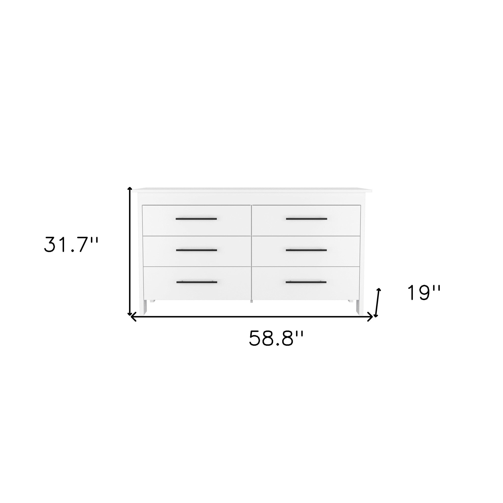 59" White Wood Six Drawer Double Dresser