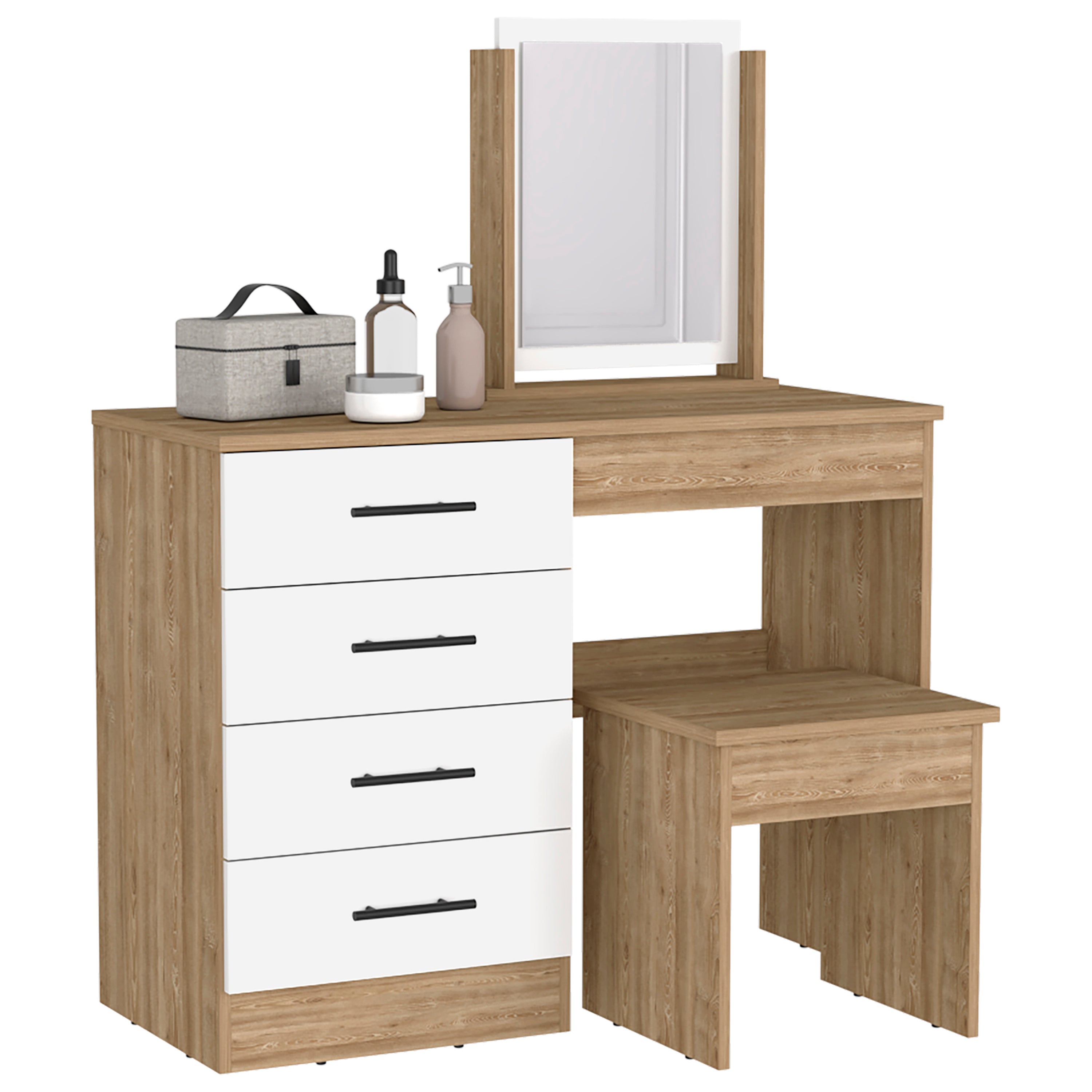 39" Natural And White Wood Four Drawer Vanity Table