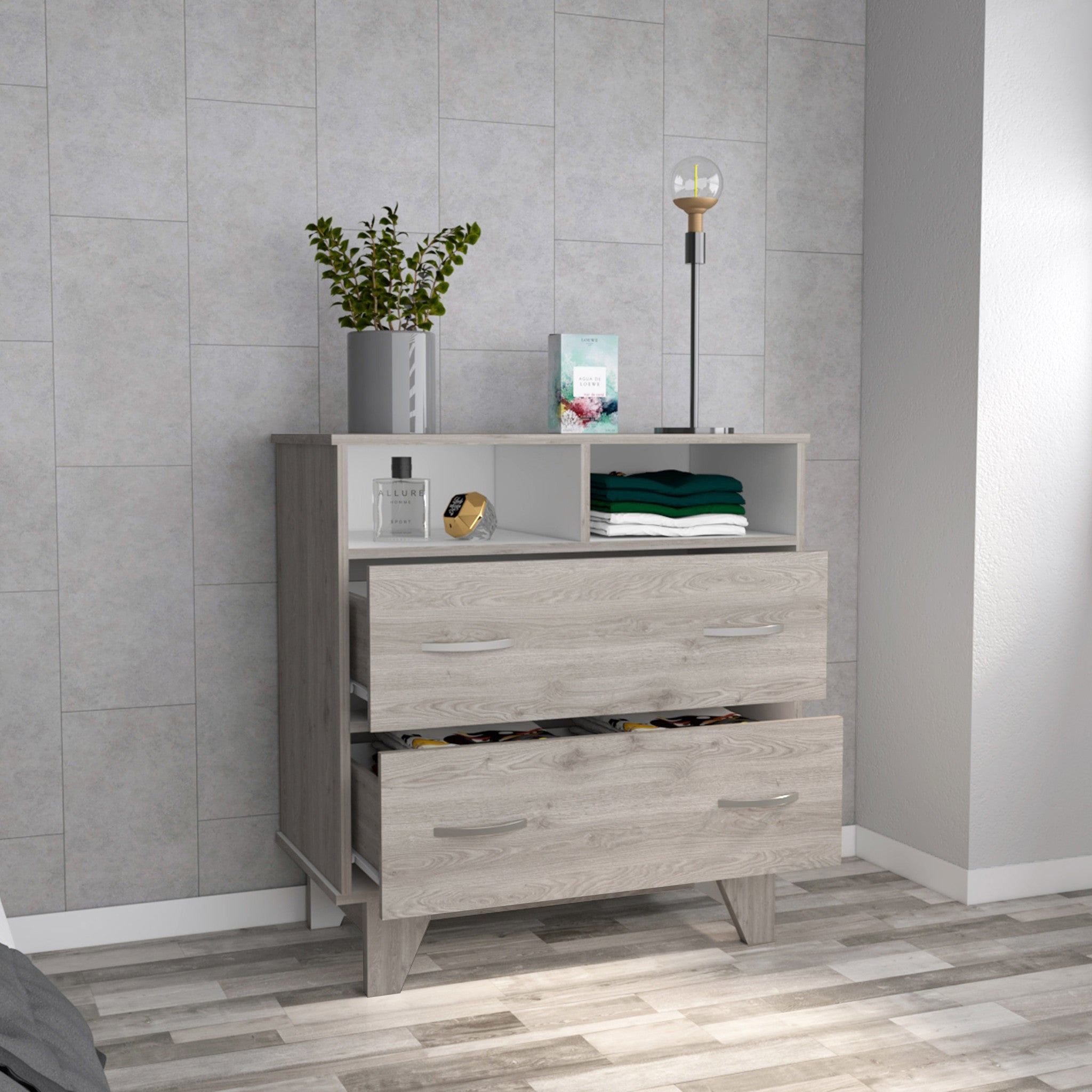 32" Light Gray Wood Two Drawer Dresser