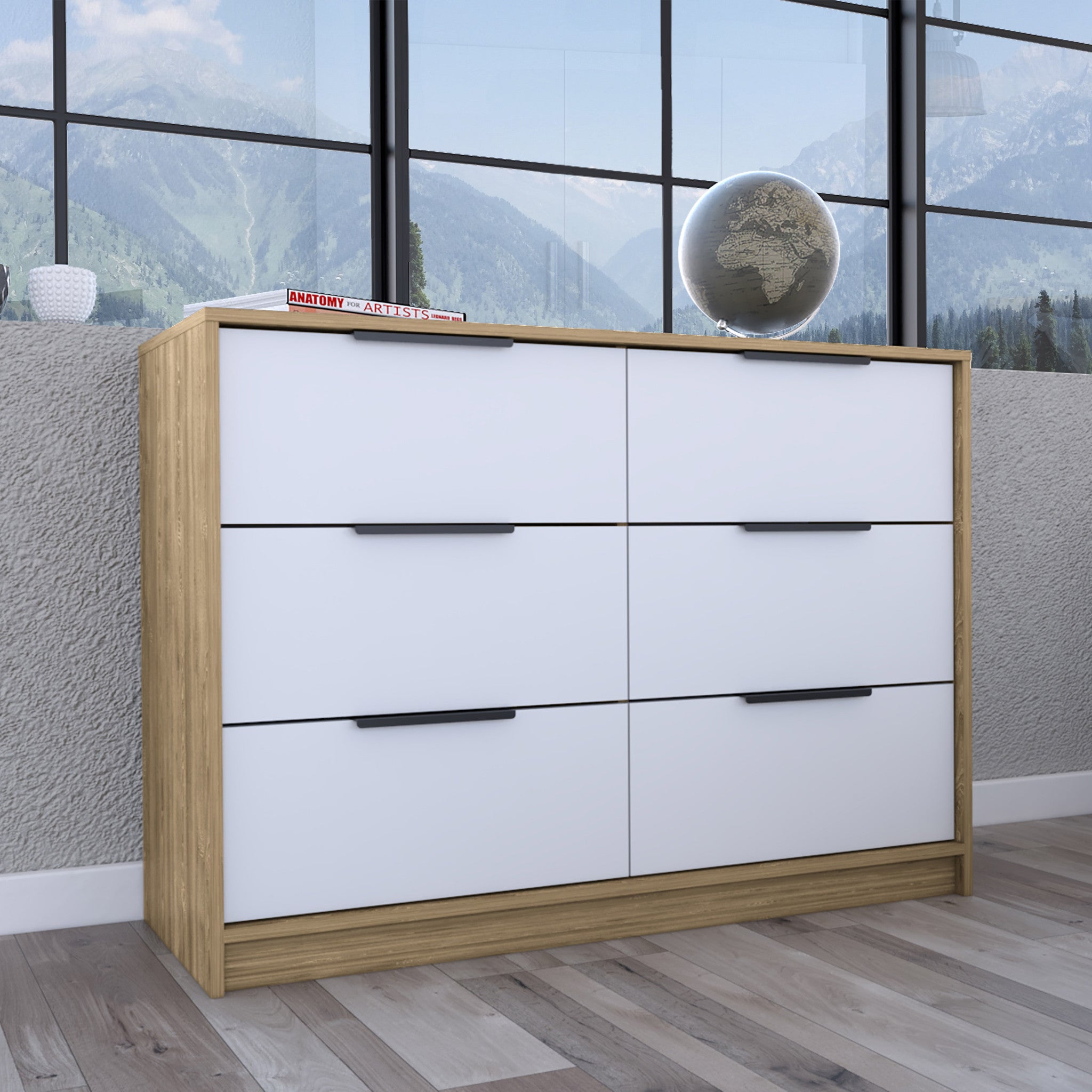 42" White And Natural Wood Six Drawer Double Dresser