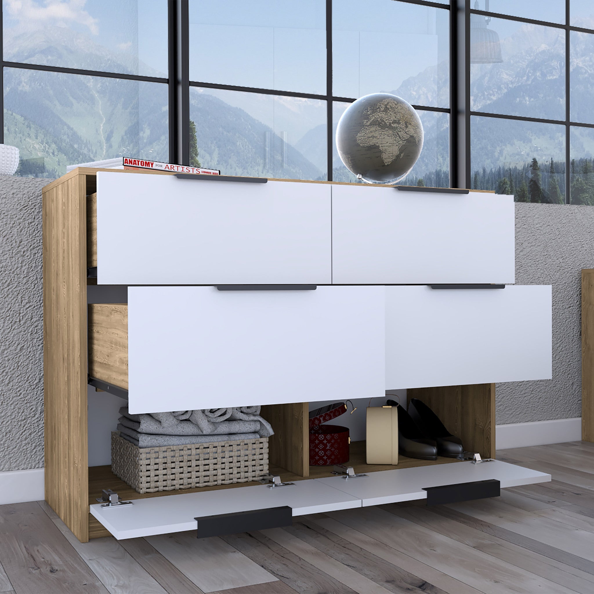 42" White And Natural Wood Six Drawer Double Dresser