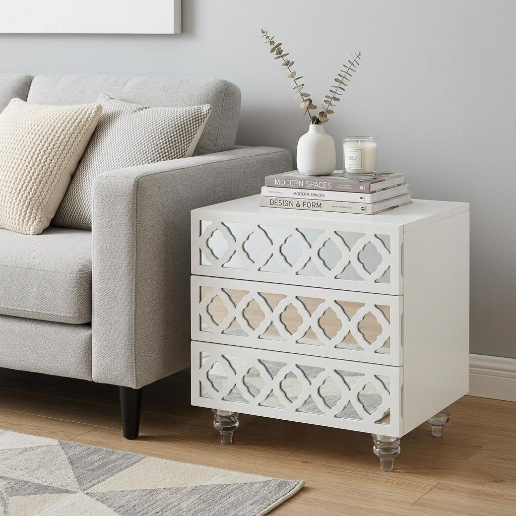 24" Clear And White Wood Mirrored End Table With Three Drawers