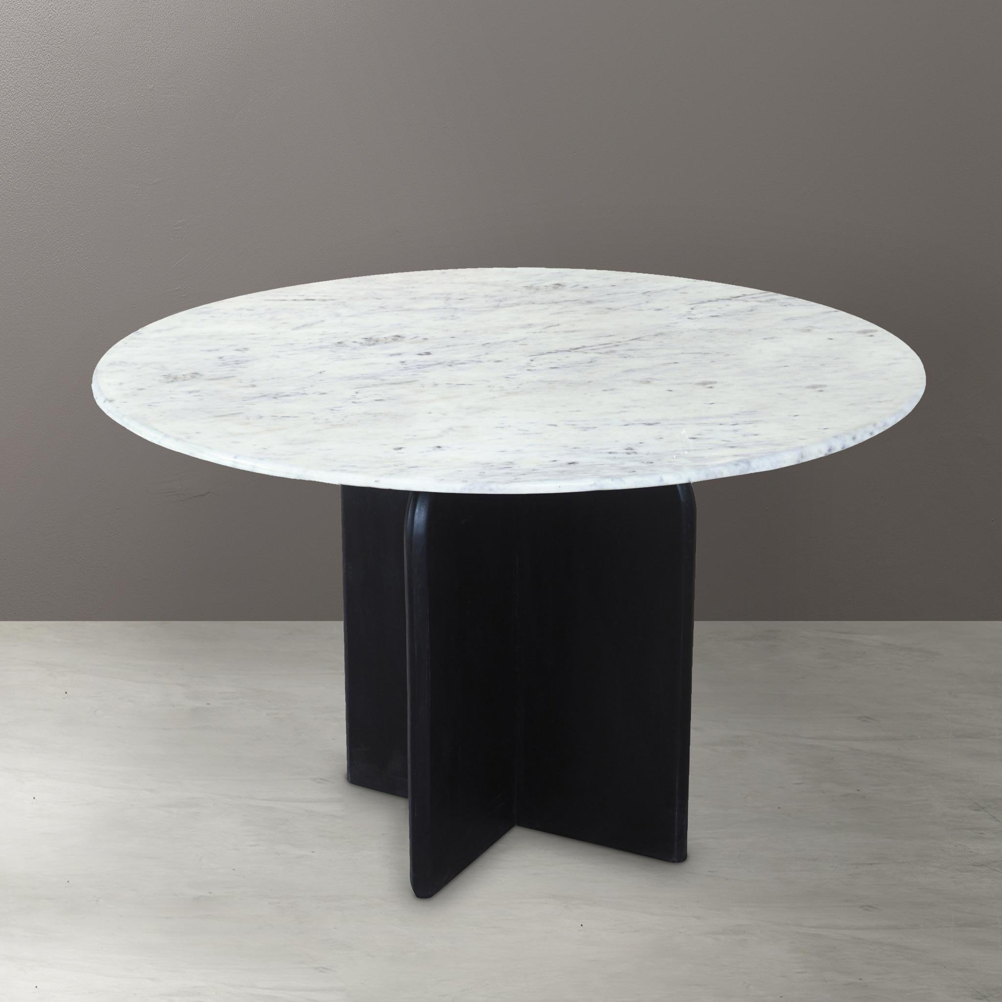 48" White and Black Marble and Solid Wood Pedestal Base Round Top Dining Table