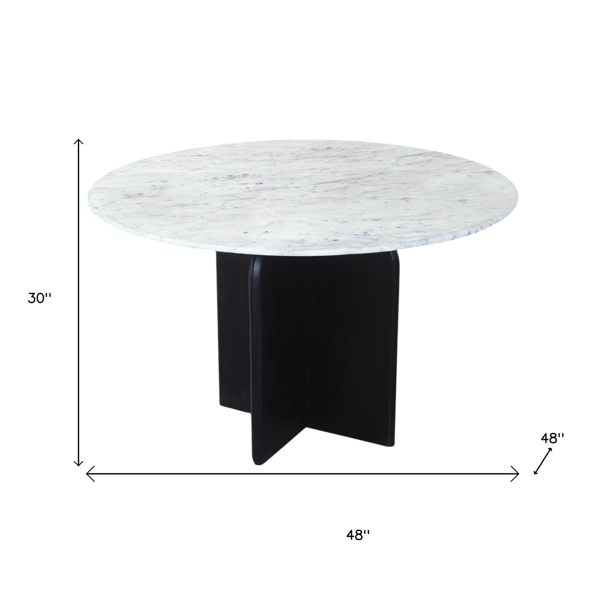 48" White and Black Marble and Solid Wood Pedestal Base Round Top Dining Table