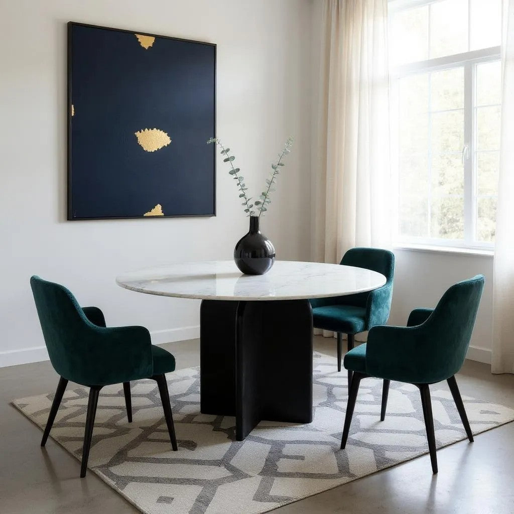 48" White and Black Marble and Solid Wood Pedestal Base Round Top Dining Table