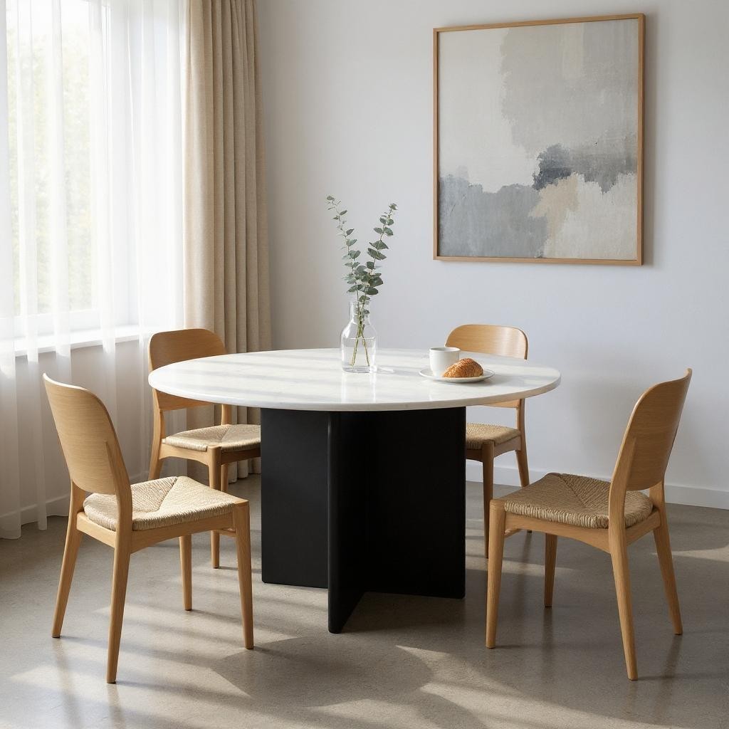 60" White and Black Marble and Solid Wood Pedestal Base Round Top Dining Table