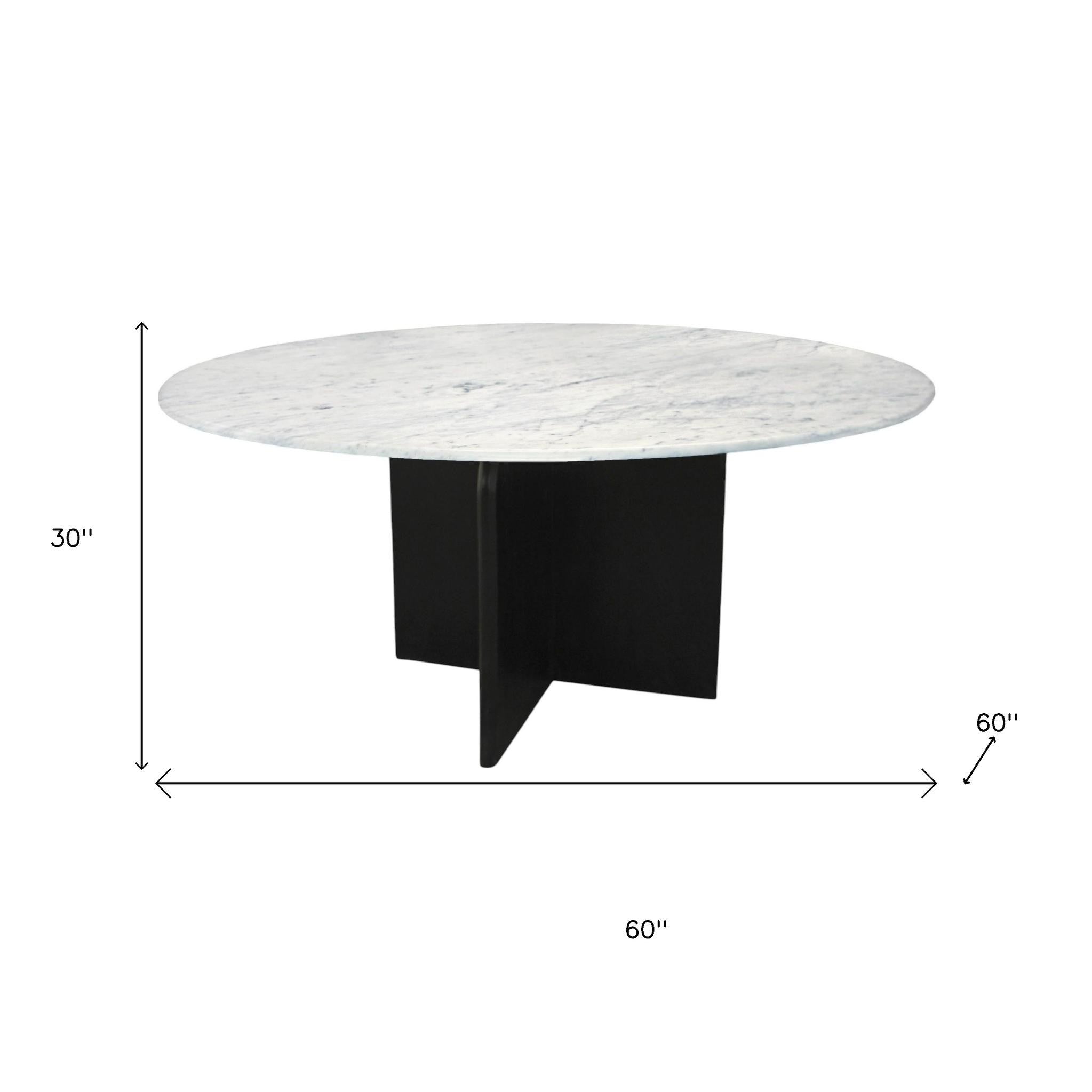 60" White and Black Marble and Solid Wood Pedestal Base Round Top Dining Table