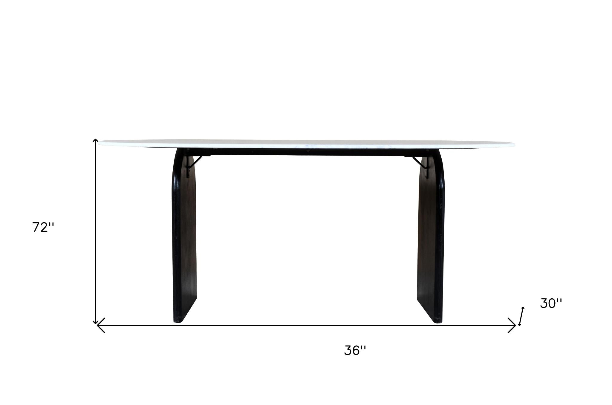 72" White and Black Marble And Solid Wood Sled Base Oval Dining Table