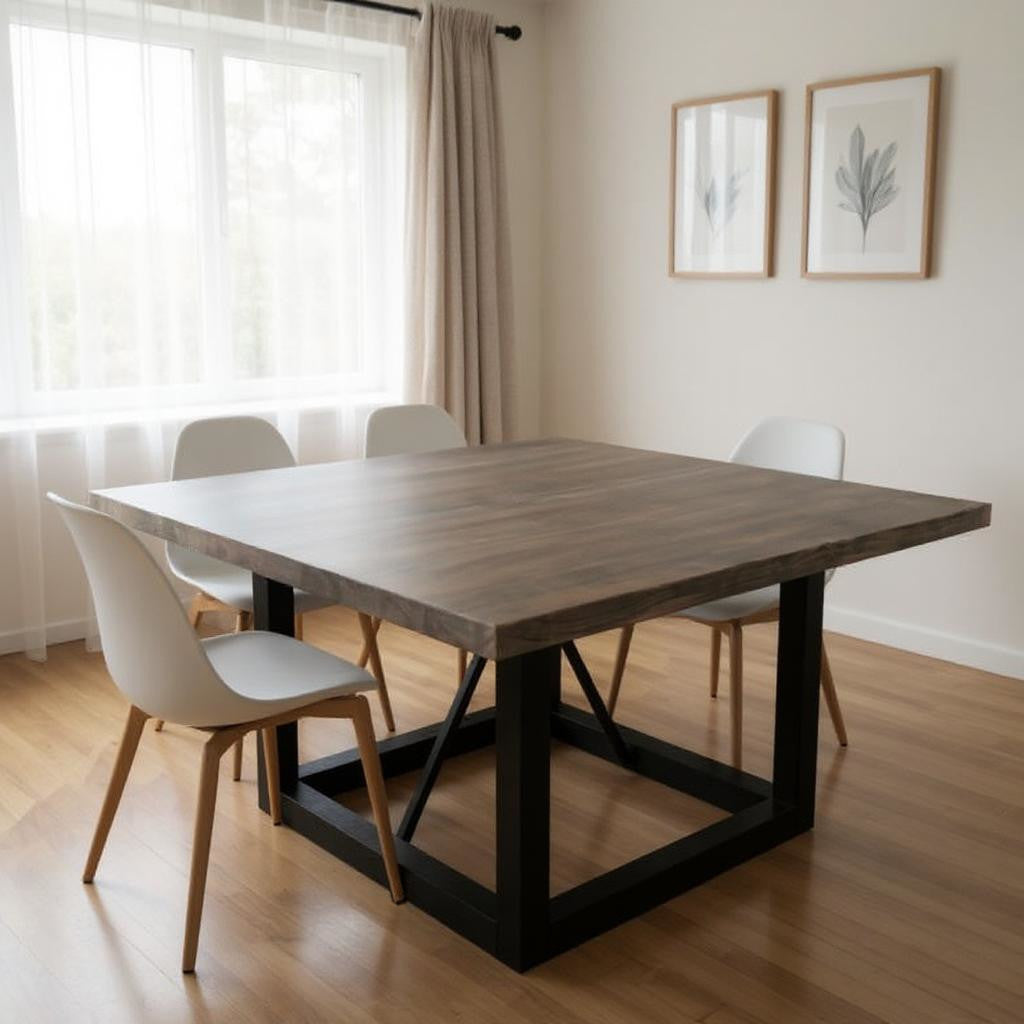 60" Dark Brown and Black Solid Wood and Iron Frame Base Square Dining Table