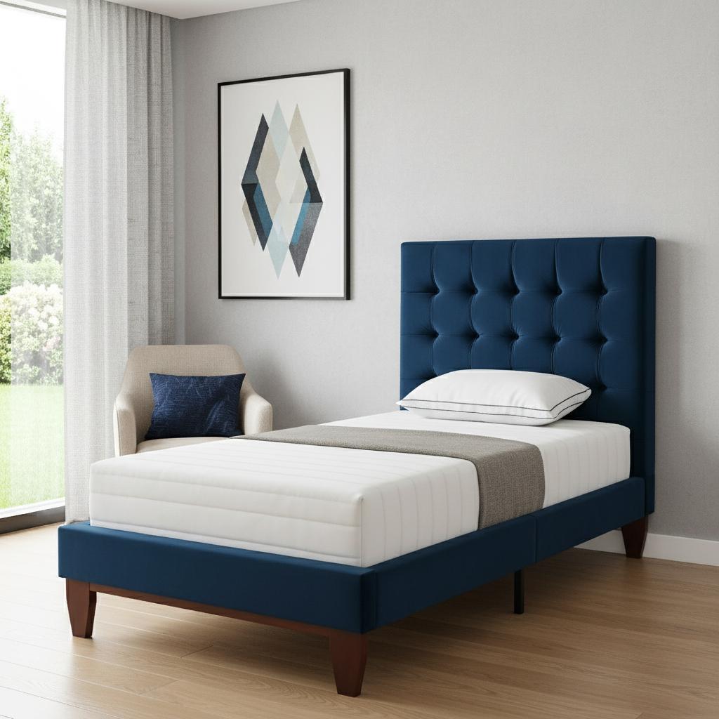 Navy Blue Solid Wood Twin Tufted Upholstered Velvet Bed