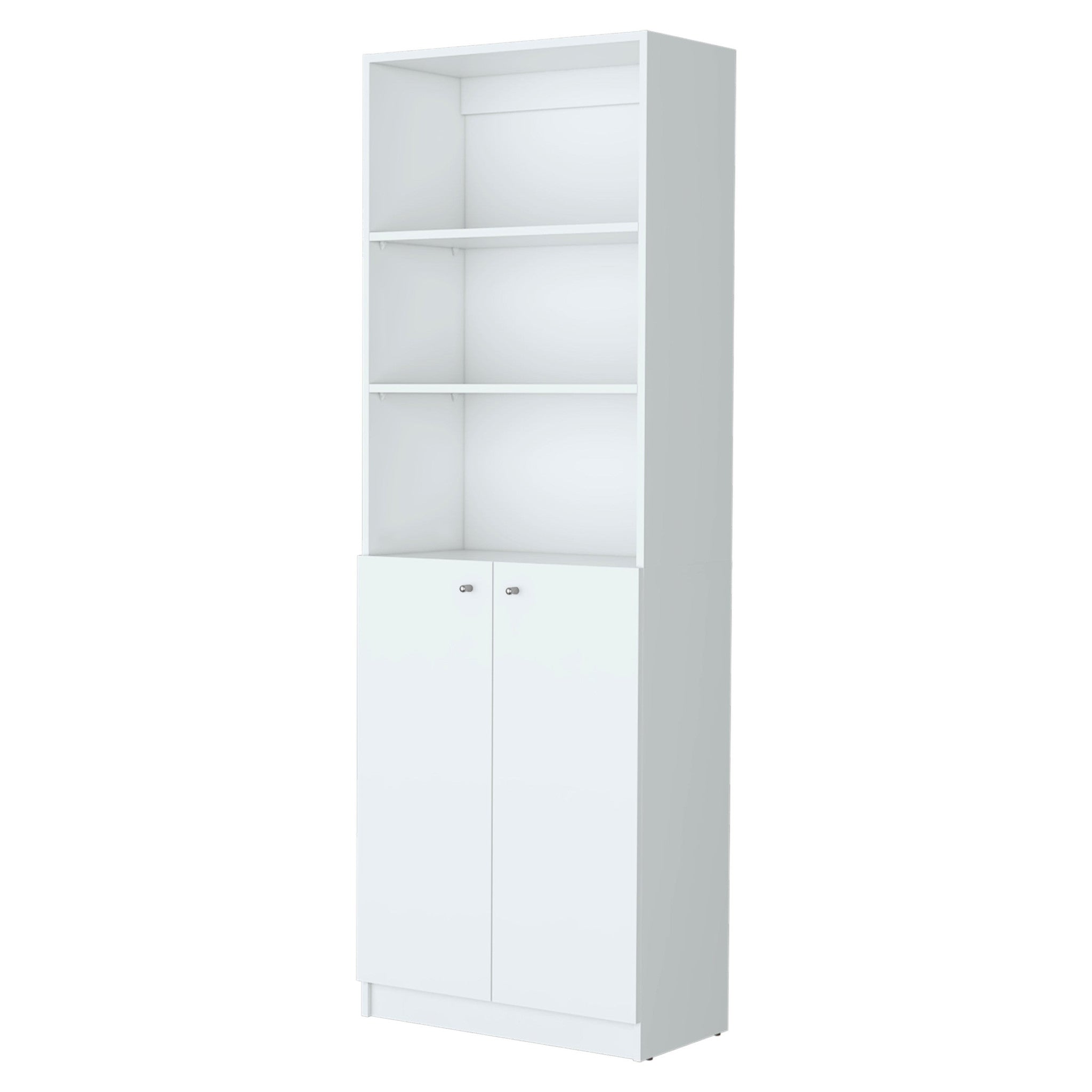 71" White Wood Three Tier Bookcase with Two Doors