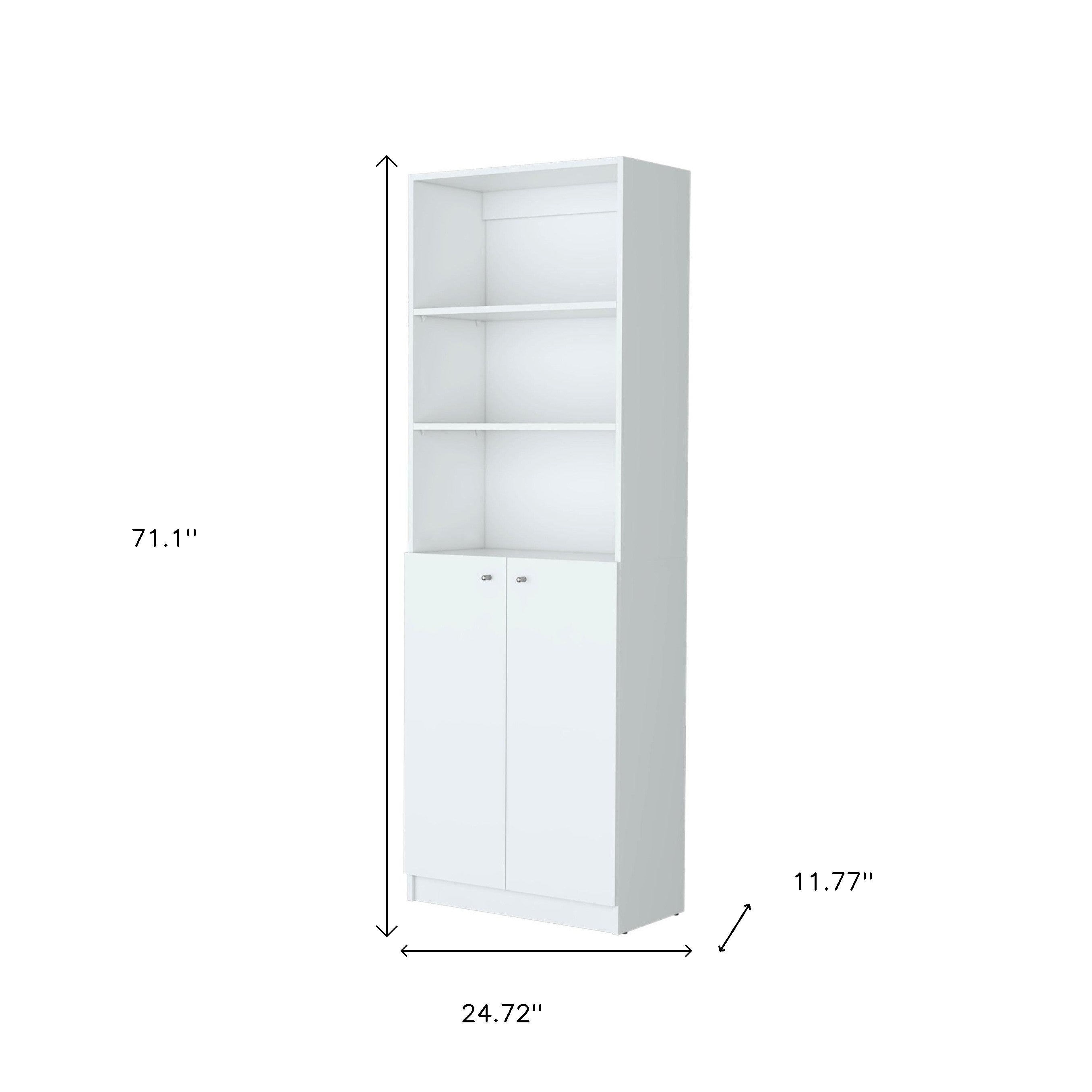 71" White Wood Three Tier Bookcase with Two Doors