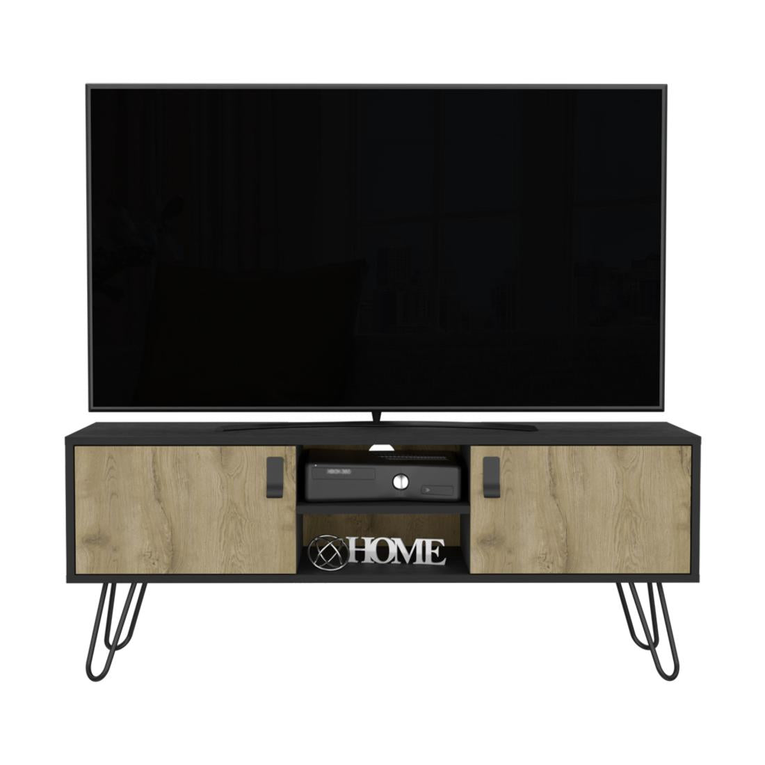 48" Beige and Black Cabinet Open And Enclosed Storage TV Stand