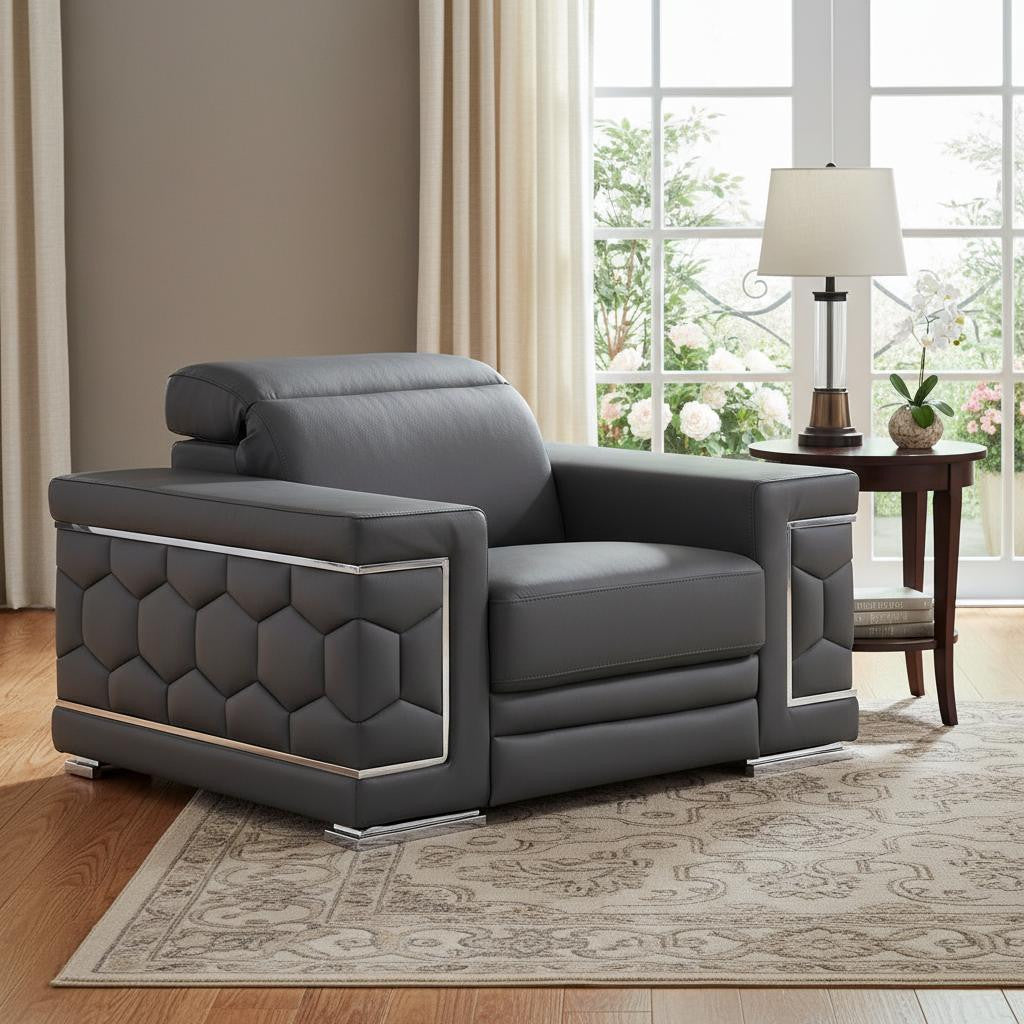 47" Granite Gray And Silver Genuine Leather Club Chair