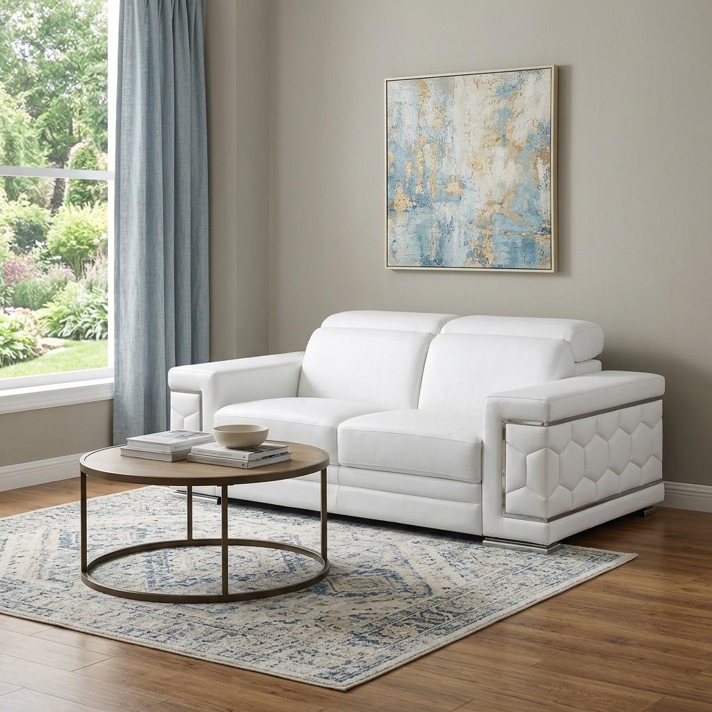 71" White And Silver Genuine Leather Love Seat