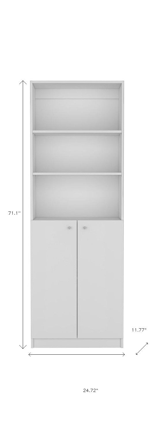 71" White Wood Three Tier Bookcase with Two Doors
