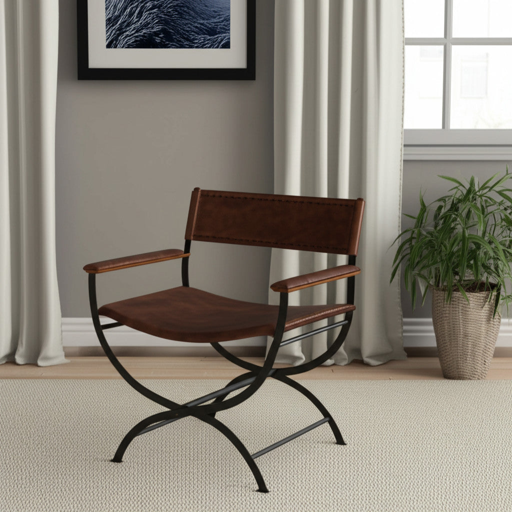 29" Brown and Black Metal And Genuine Leather Director's Chair
