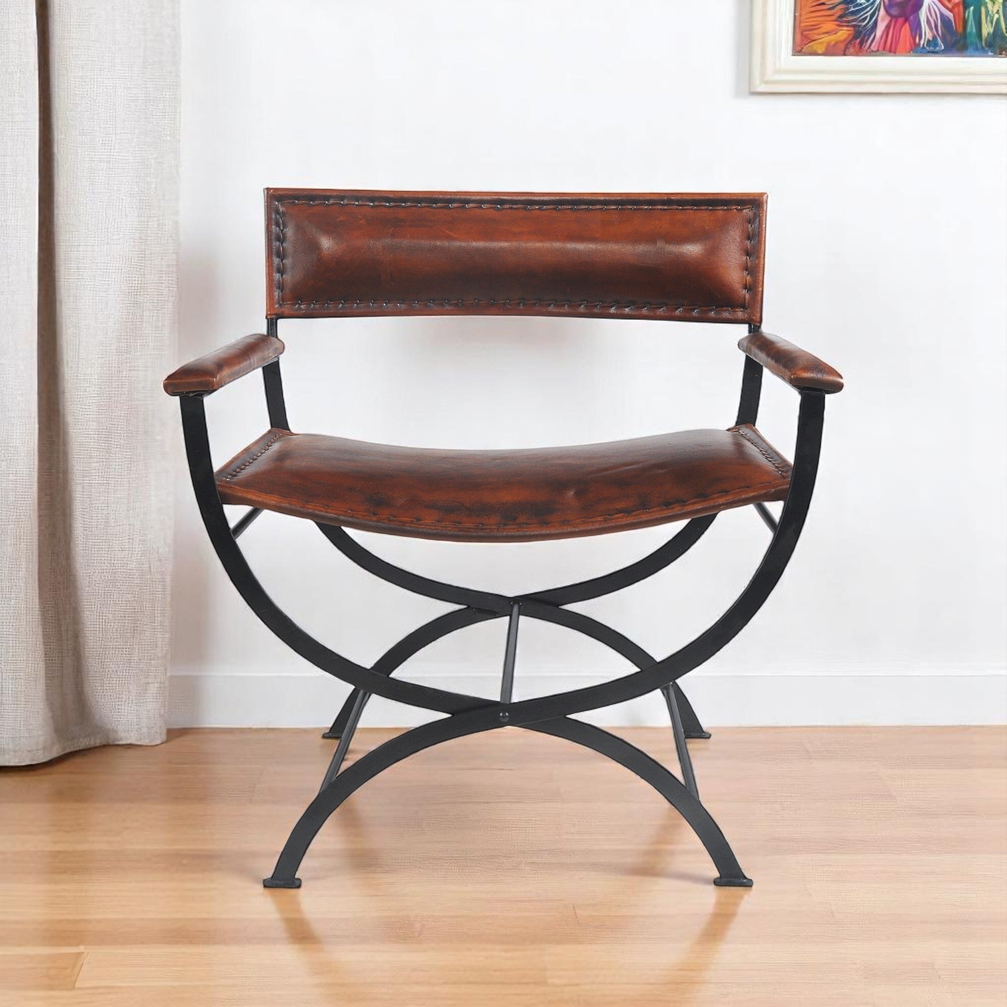 29" Brown and Black Metal And Genuine Leather Director's Chair
