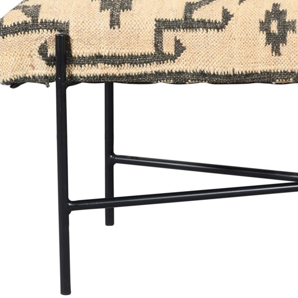 48" Cream and Black Cotton Blend Upholstered Southwest Bench