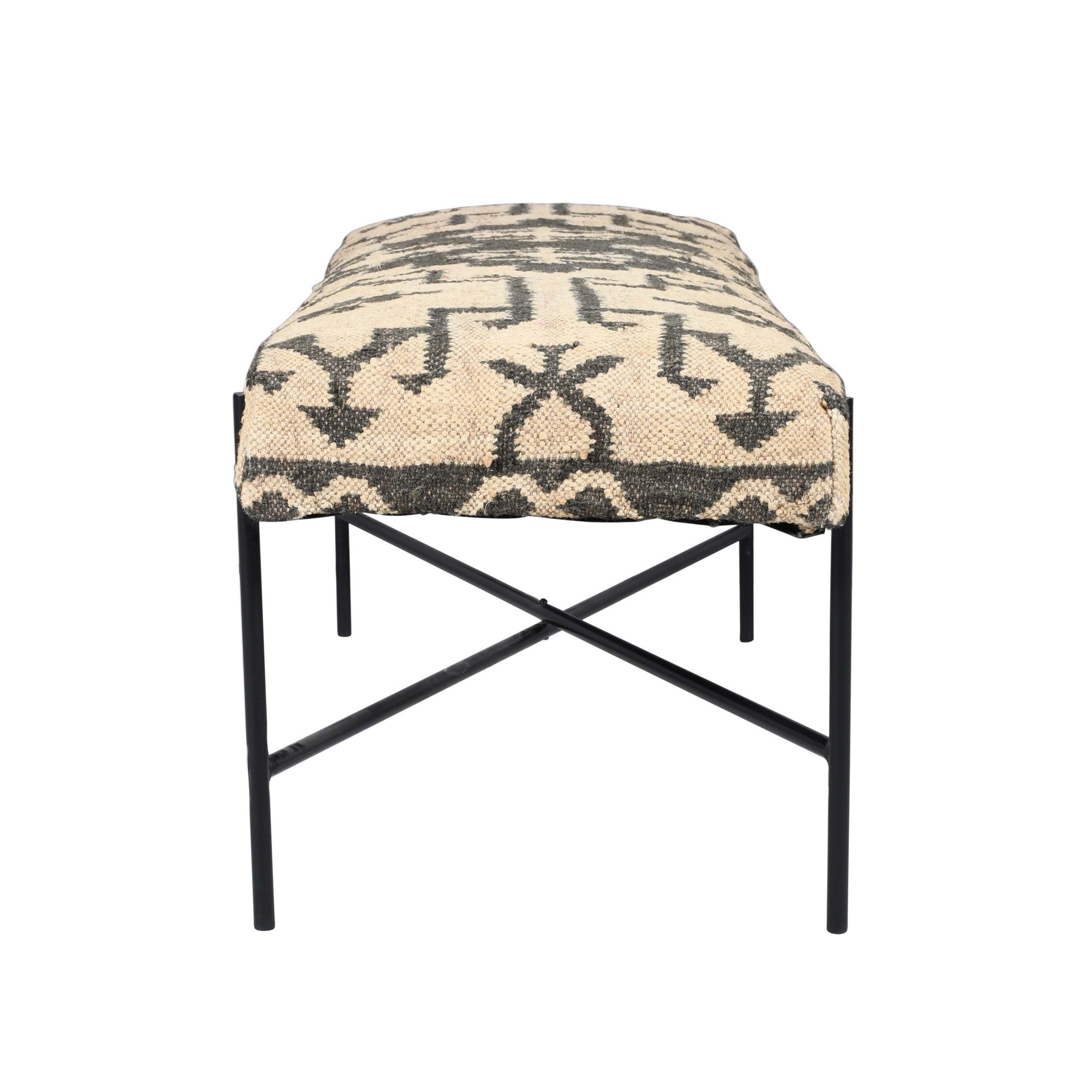48" Cream and Black Cotton Blend Upholstered Southwest Bench