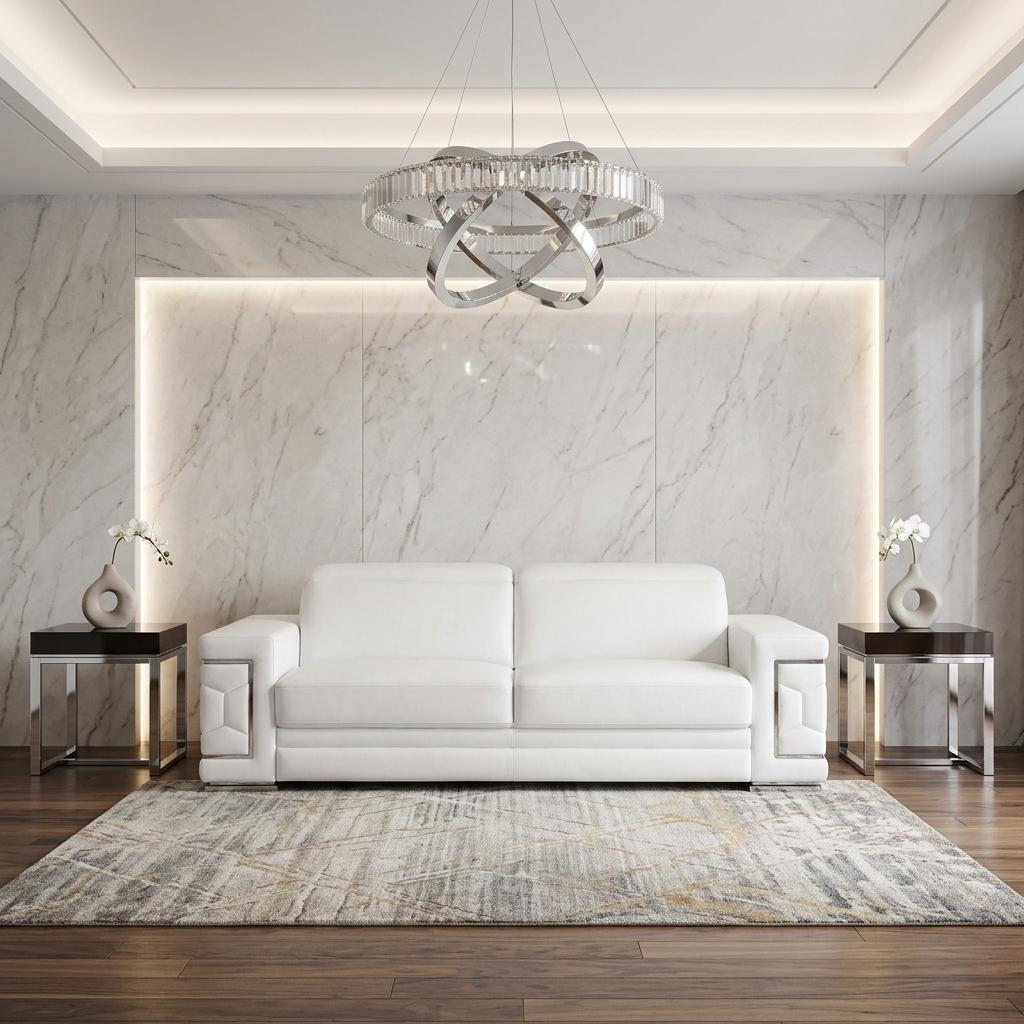 89" White Leather Sofa With Silver Legs