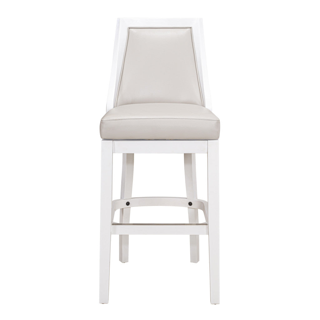 31" Gray And White Faux Leather And Solid Wood Bar Height Swivel Bar Chair