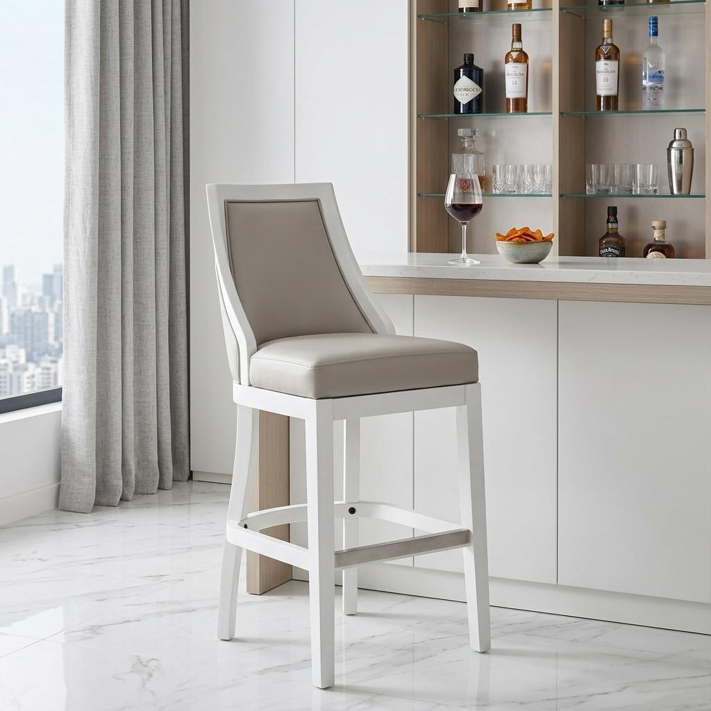 31" Gray And White Faux Leather And Solid Wood Bar Height Swivel Bar Chair