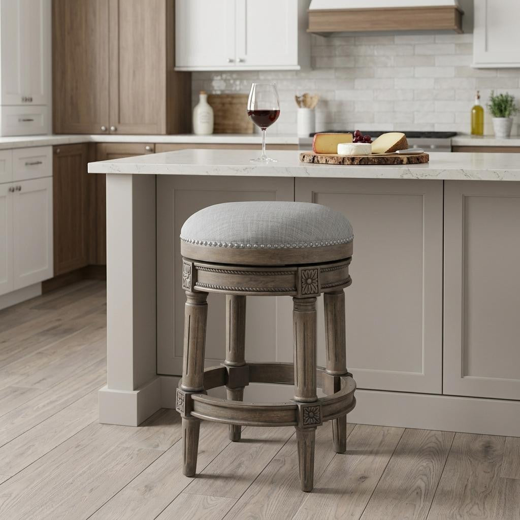 26" Gray Solid Wood Swivel Backless Counter Height Bar Chair