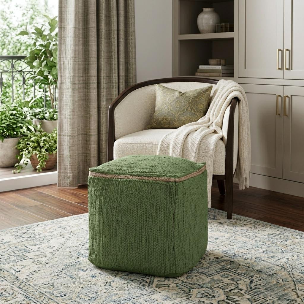 18" Moss Green And Natural Cotton And Jute Cube Pouf Ottoman