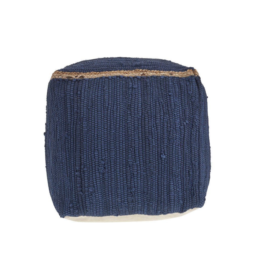 18" Indigo Cotton And Jute Cube Pouf Ottoman