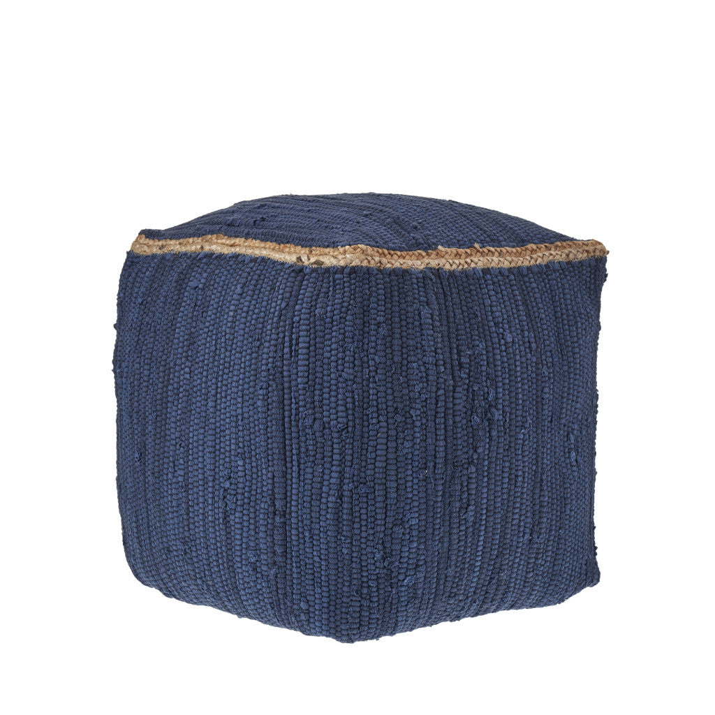 18" Indigo Cotton And Jute Cube Pouf Ottoman