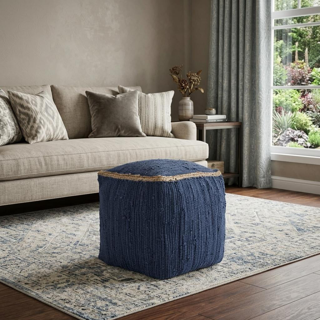18" Indigo Cotton And Jute Cube Pouf Ottoman