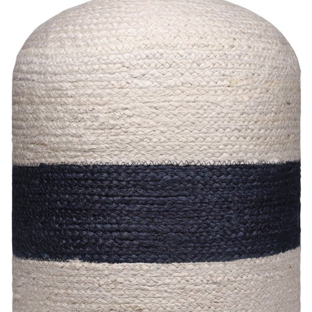 18" Off White and Navy Blue Jute Blend Striped Cylinder Pouf Ottoman