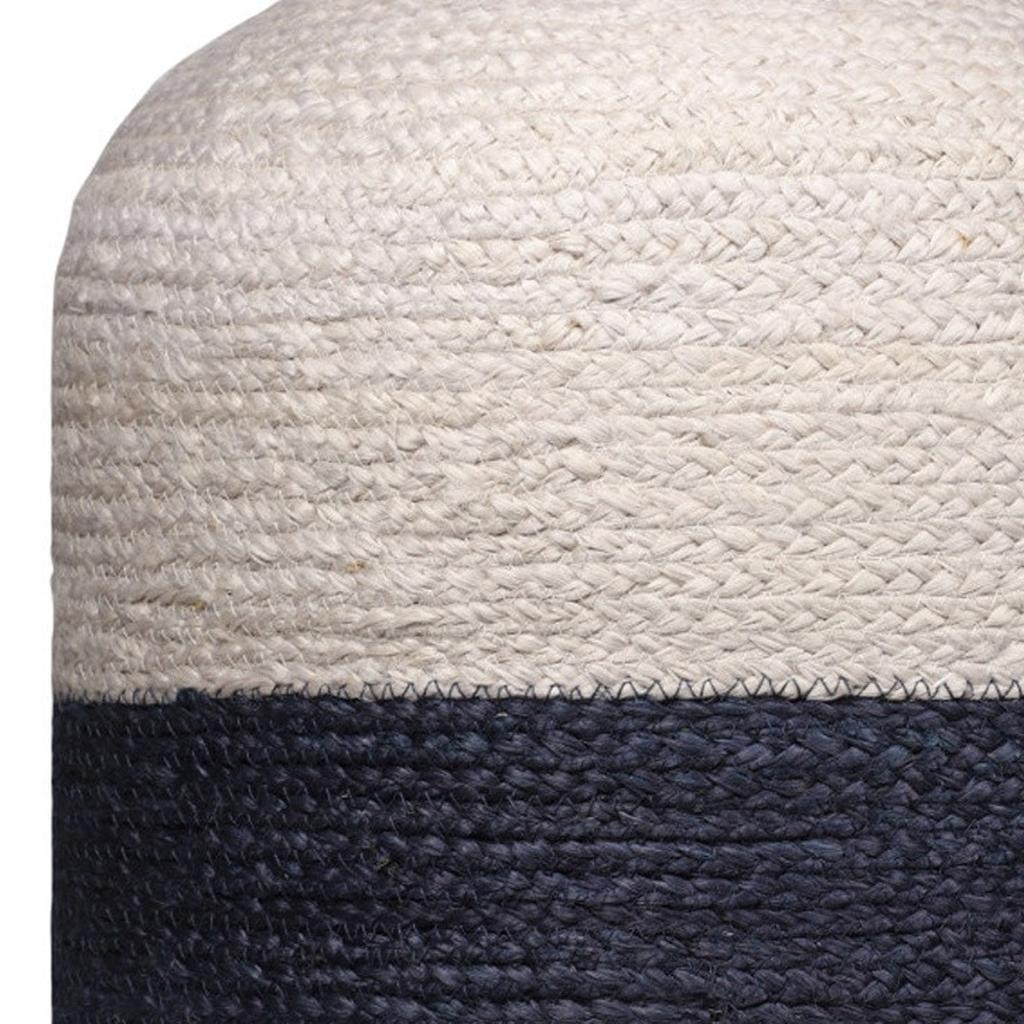 18" Off White and Navy Blue Jute Blend Striped Cylinder Pouf Ottoman