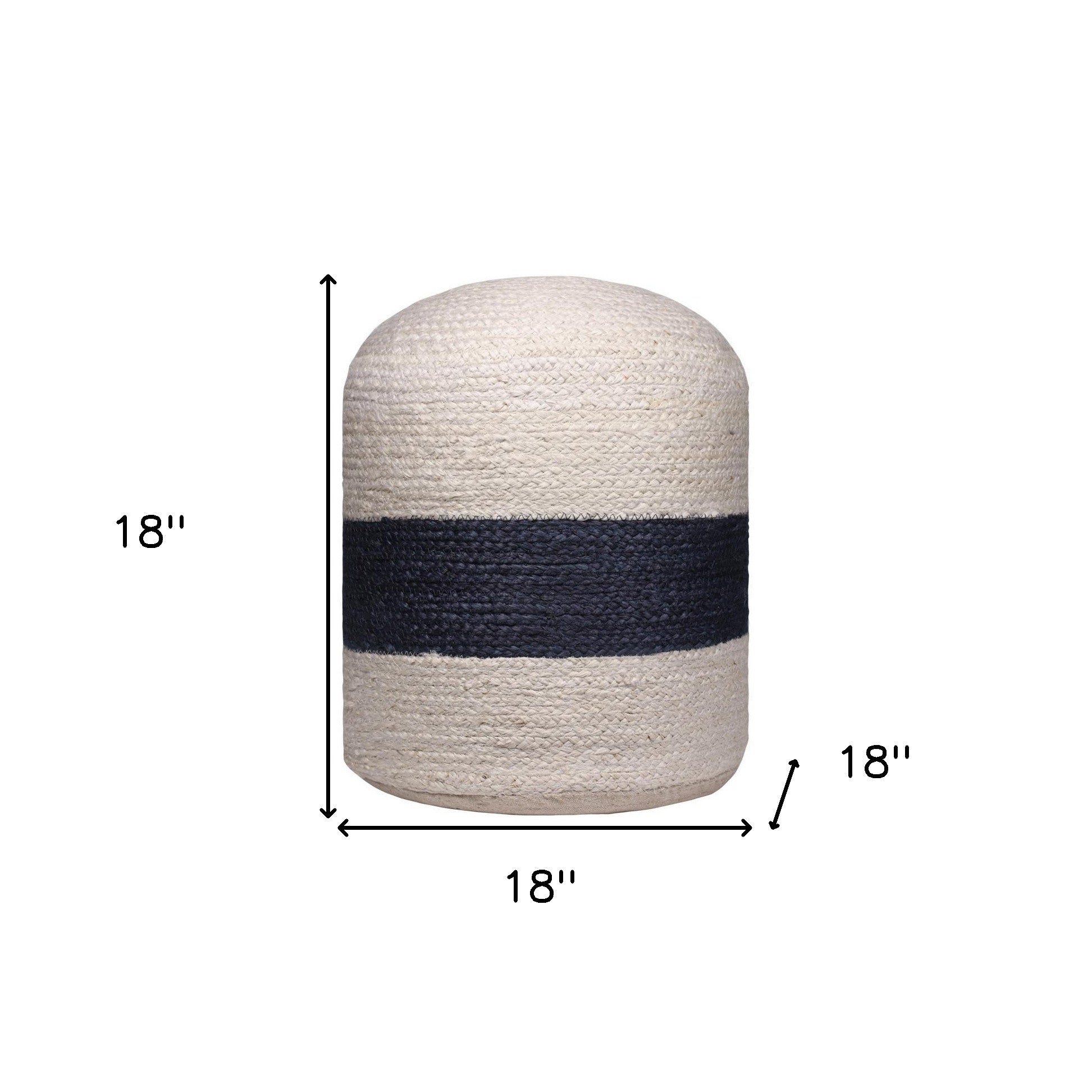 18" Off White and Navy Blue Jute Blend Striped Cylinder Pouf Ottoman