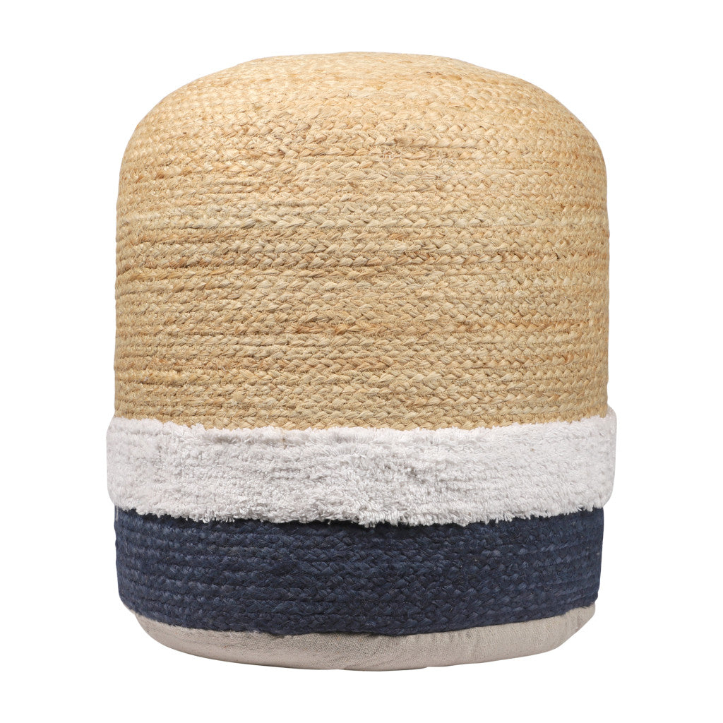 18" Natural And Navy Blue Jute Blend Cylinder Striped Pouf Ottoman