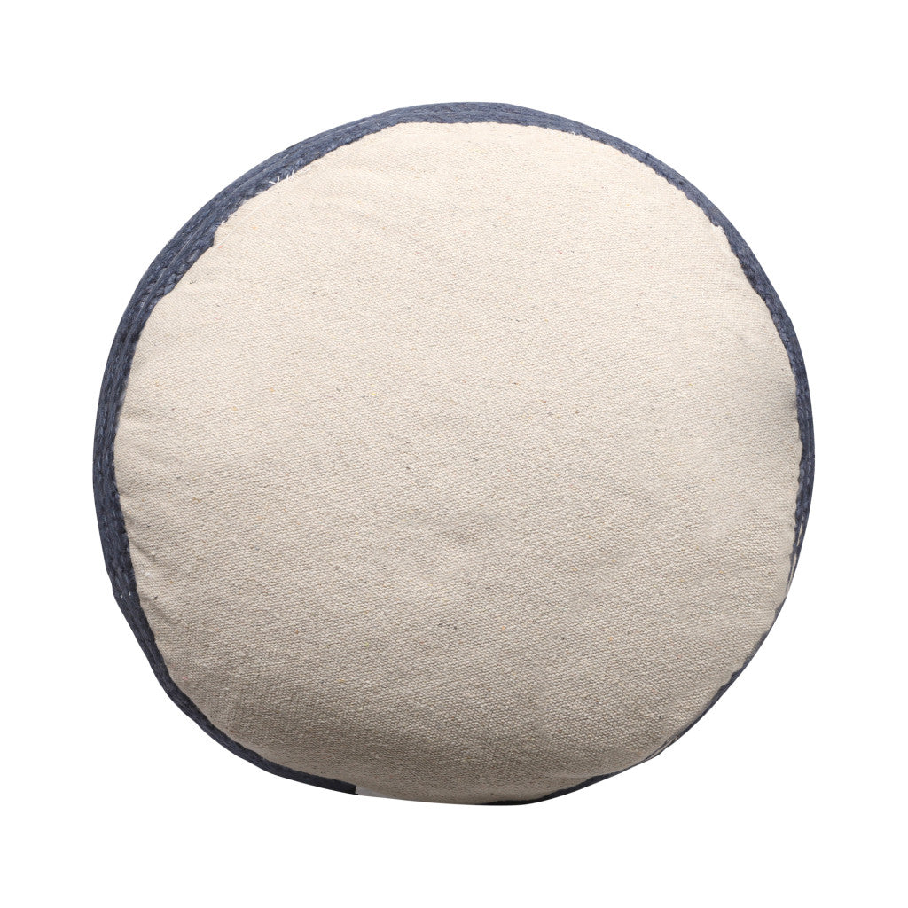 18" Natural And Navy Blue Jute Blend Cylinder Striped Pouf Ottoman