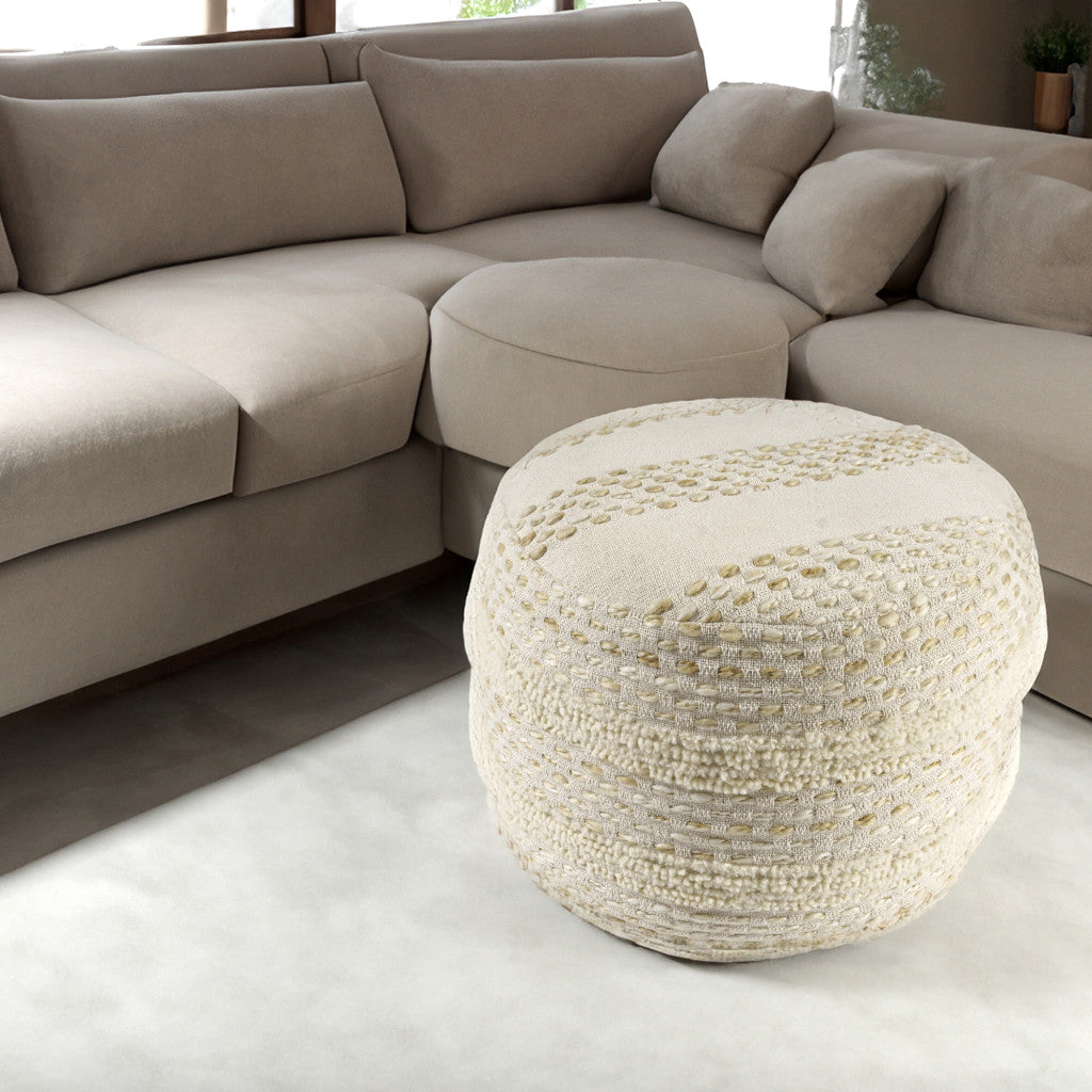 18" Natural And Ivory Cotton Blend Round Striped Pouf Ottoman