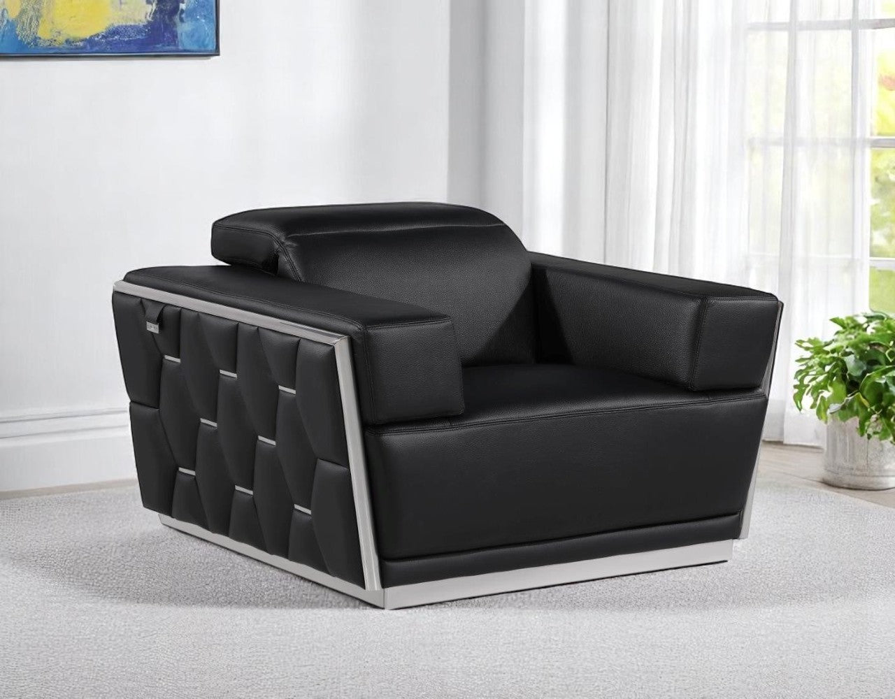 47" Black and Silver Italian Leather Club Chair