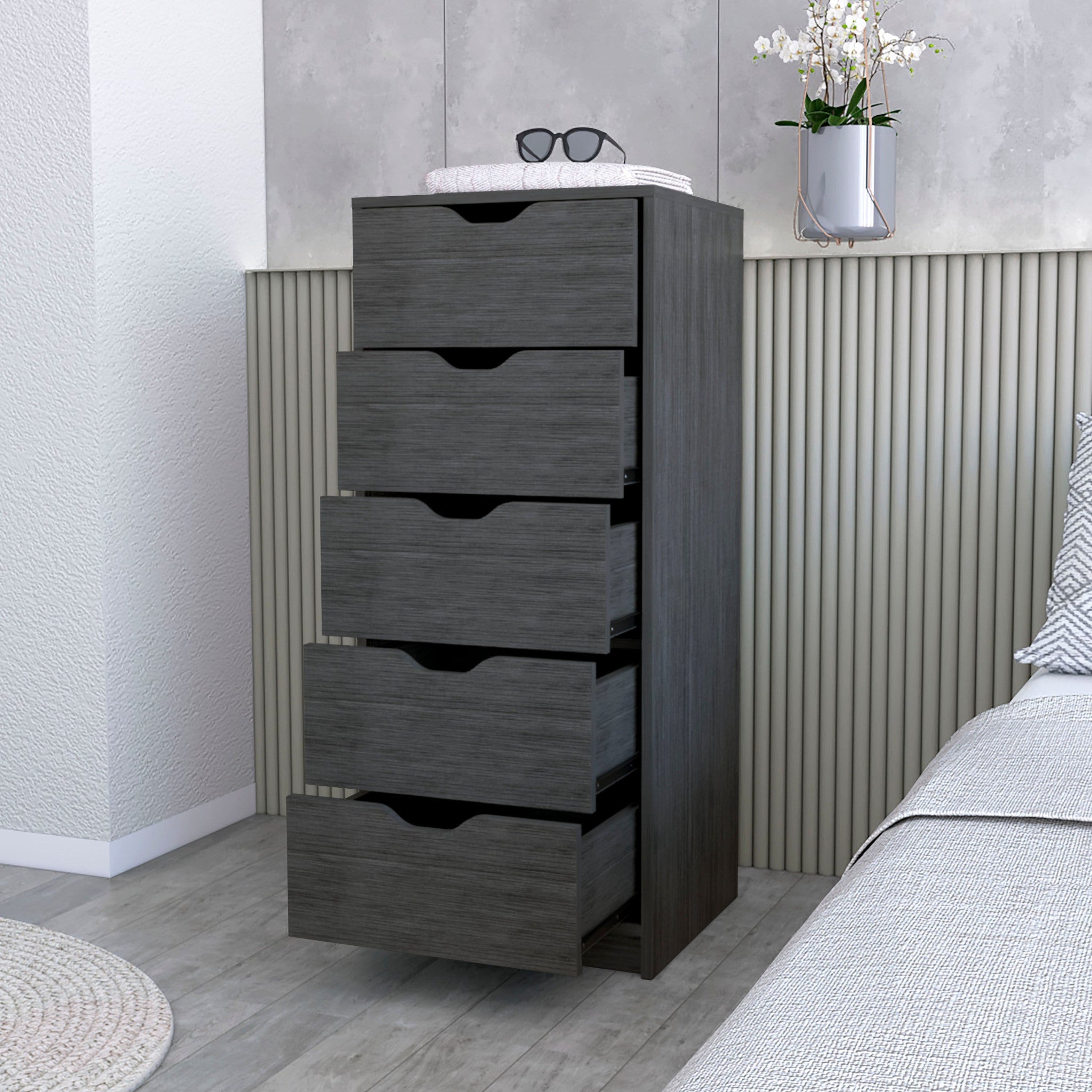 18" Gray Wood Five Drawer Dresser