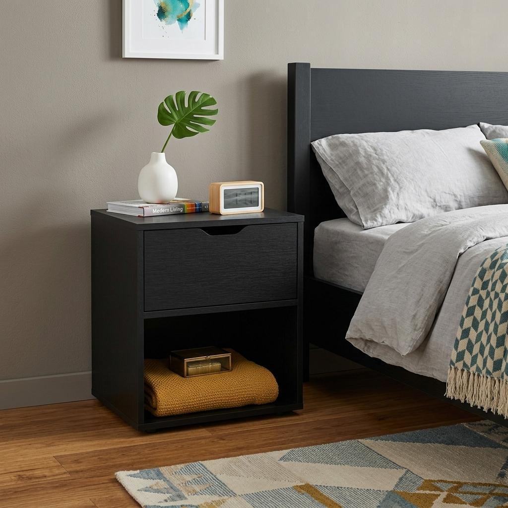 20" Black Wood One Drawer Nightstand