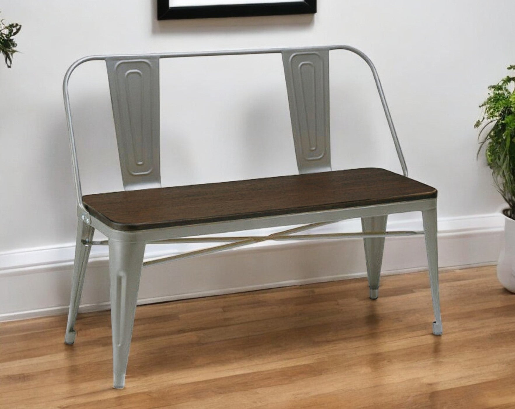 40" Brown and Gray Metal And Solid Wood Dining Bench