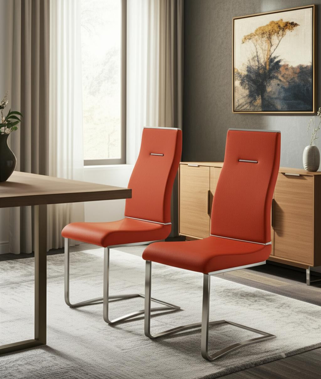 Set of Two Orange and Silver Upholstered Faux Leather Dining Side Chairs