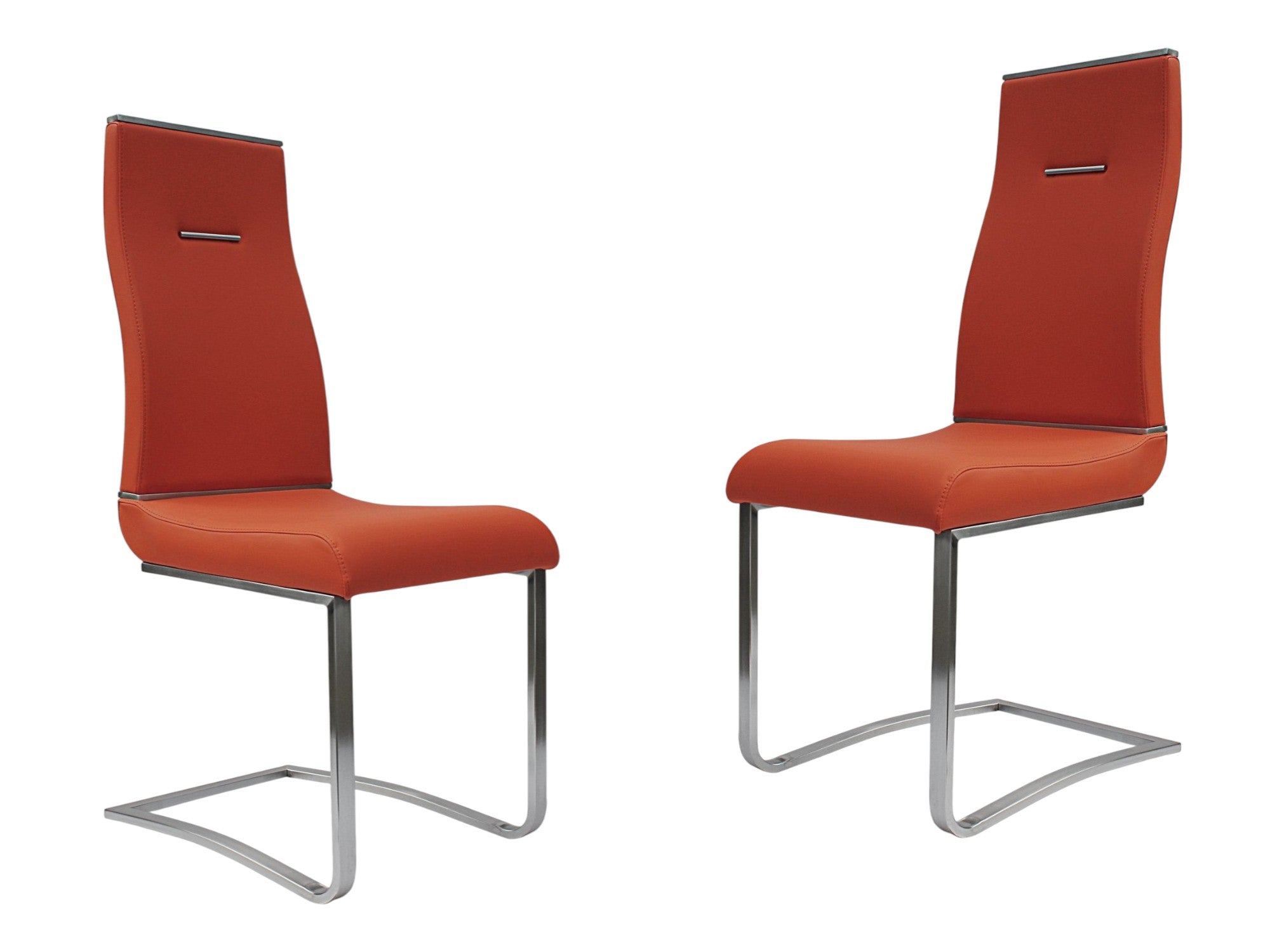 Set of Two Orange and Silver Upholstered Faux Leather Dining Side Chairs