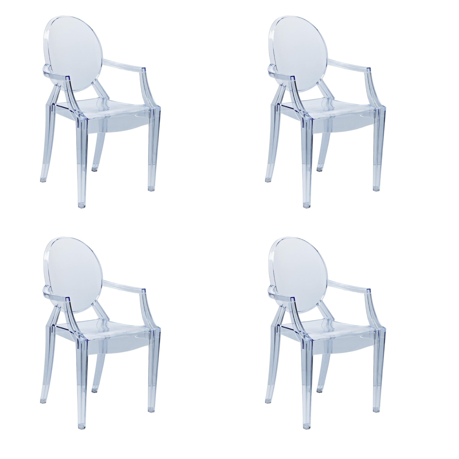 Set of Four Clear Heavy Duty Plastic King Louis Back Dining Arm Chairs