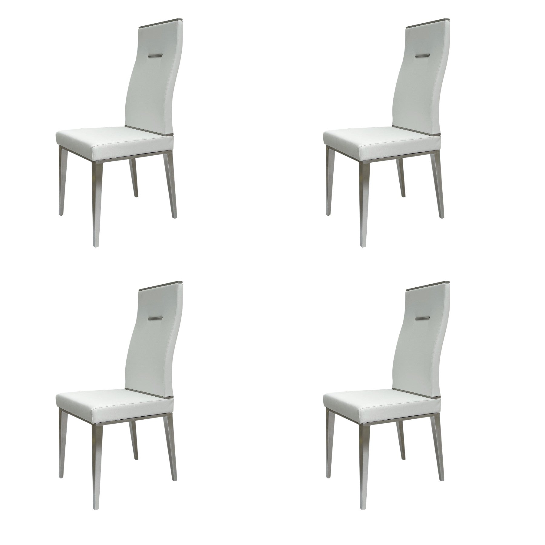 Set of Four White and Silver Upholstered Faux Leather Dining Side Chairs