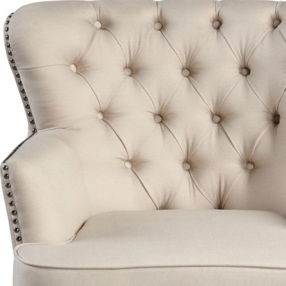 35" Beige and Black Fabric Tufted Wingback Chair