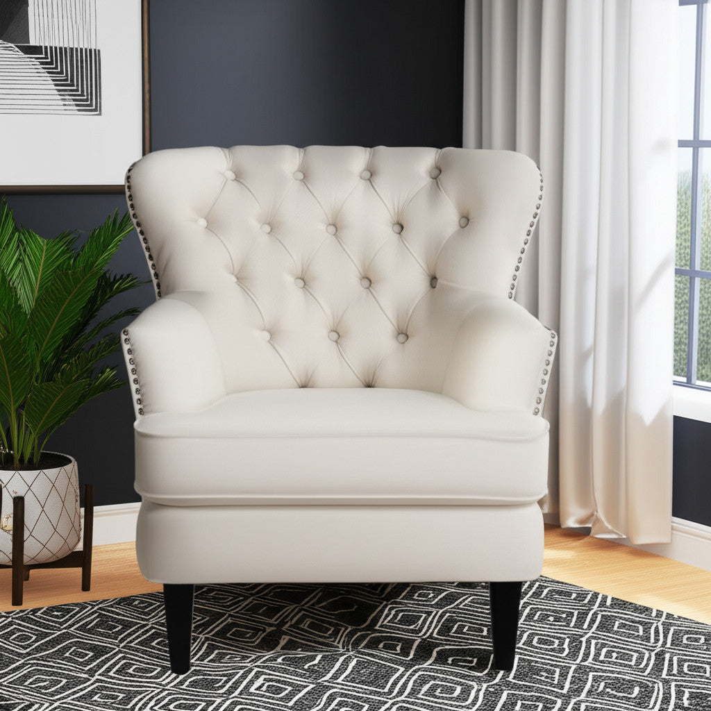 35" Beige and Black Fabric Tufted Wingback Chair